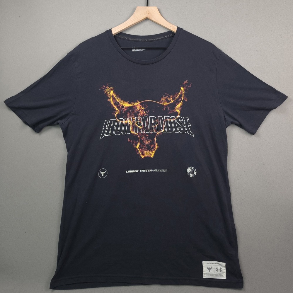 Under Armour Project Rock Iron Paradise T-Shirt Men's L Black Gym Bull Logo Tee